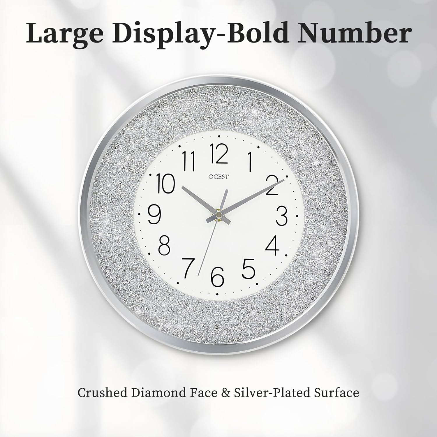 OCEST 12 Inch Wall Clocks Crushed Diamond Night Light, Silent LED Sparkle Glow in The Dark Decorative Large Display Clock for Bedroom, Living Room, Kitchen - Silver