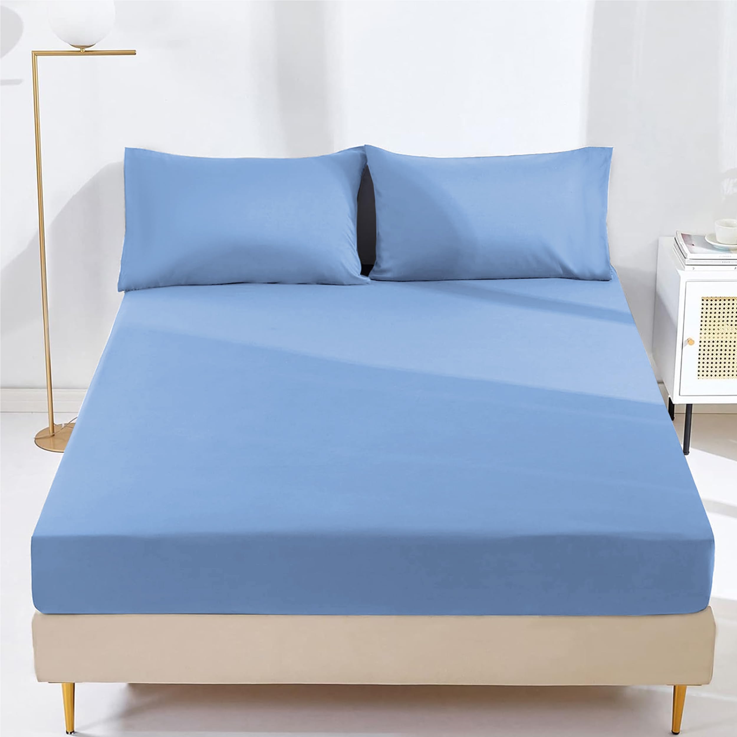 AR Ware Single Fitted Sheet Non Iron Wrinkle, 25cm Deep Ultra Soft Microfiber Elastic Fitted Bed Sheets Easy Care, Fade Resistant (Light Blue)