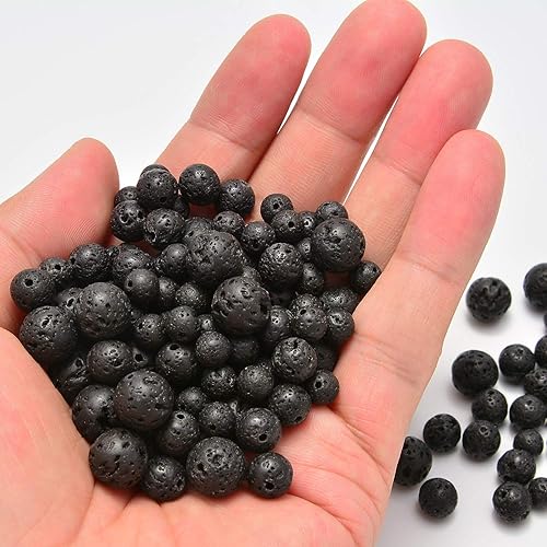Miniatura 4 de 200 cuentas sueltas de lava volcánica negra de 0.15 pulgadas (4 mm) para joyería, cuentas semipreciosas naturales redondas y suaves con espaciador