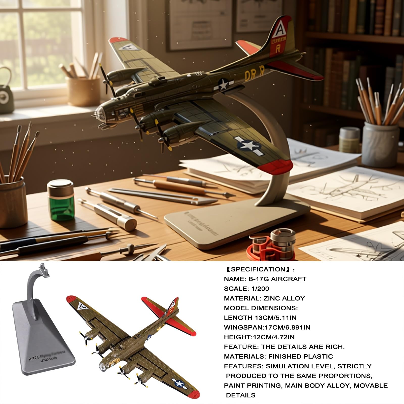 Modello aereo bombardamento militare in lega pressofusa B-17G scala 1:200, dettagli alta precisione, lega zinco antiruggine, parti mobili for collezionisti, display, regalo educativo