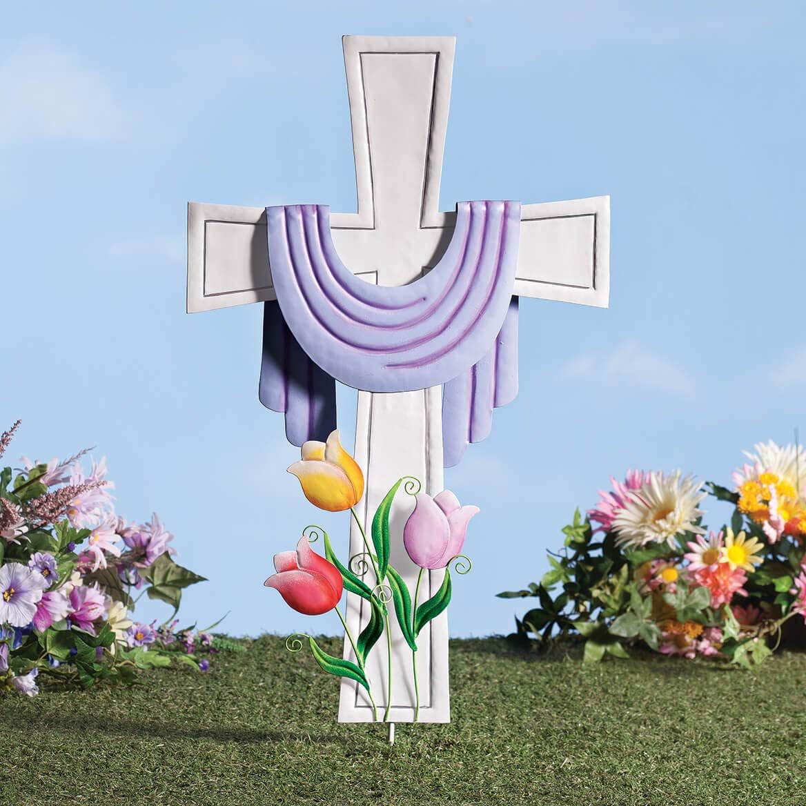 White Metal Easter Cross with Purple Scarf and Tulips