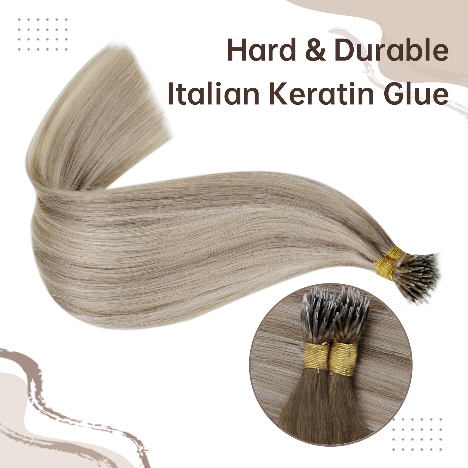 Easyouth Blonde Nano Hair Extensions Real Human Hair Highlight Nano Bead Hair Extensions Human Hair Ash Blonde Mixed Bleach Blonde Pre Bonded for Women 14 Inch 50g/50s - Image 2