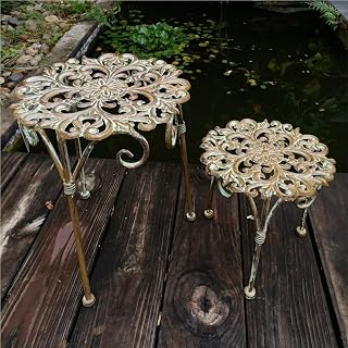 Set of 2 Short Plant Stands Outdoor Indoor, Heavy Duty Flower Pot Stands, Corner Metal Planter Holder, Round Display Rack Flower Stand Plant Holders for Home Garden Balcony Patio(Yellow)