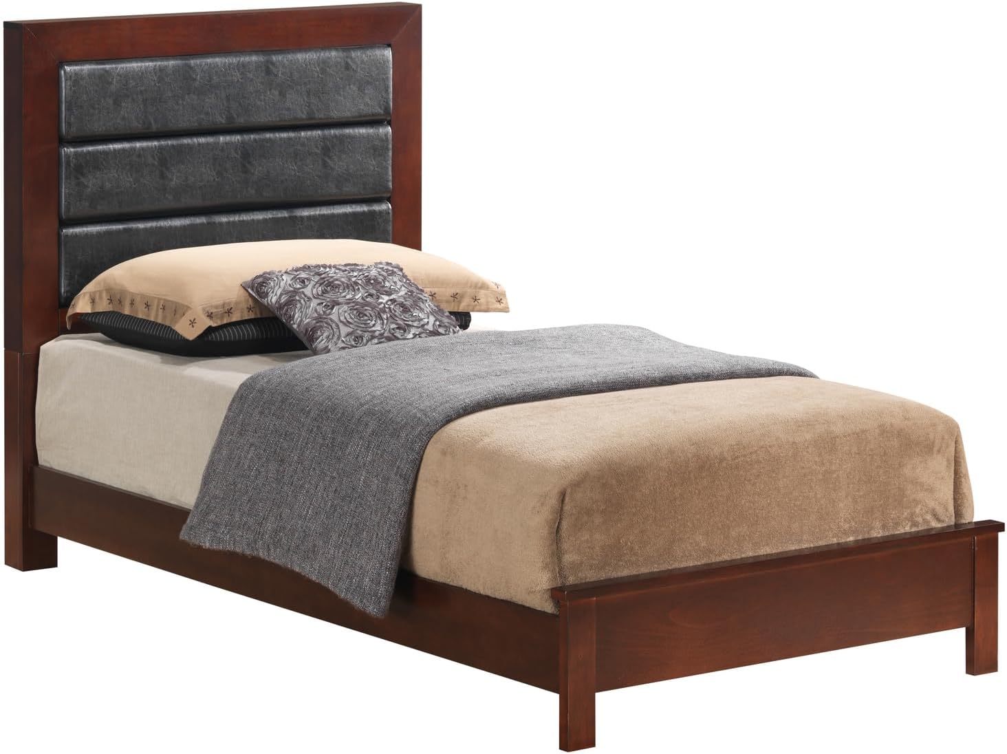 HomeStock Twin Bed Southwestern Style, Faux Leather Platform Bed Frame, Cherry Finish