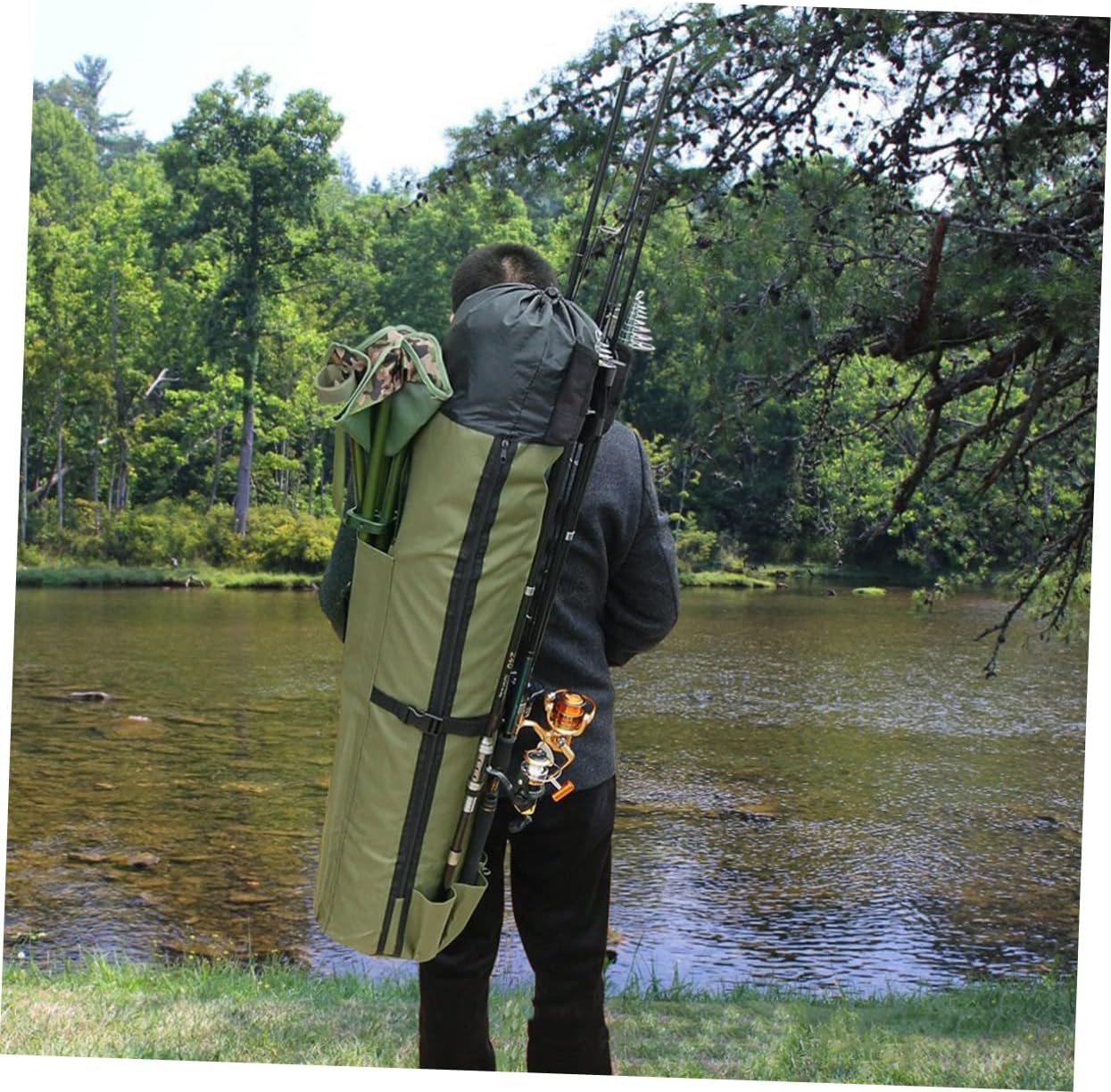 Toyvian Cylindrical Fishing Rod Bag Lightweight Multifunctional Tackle Storage Case for Outdoor Sports Durable Material with Large Capacity and Multi Pockets Green
