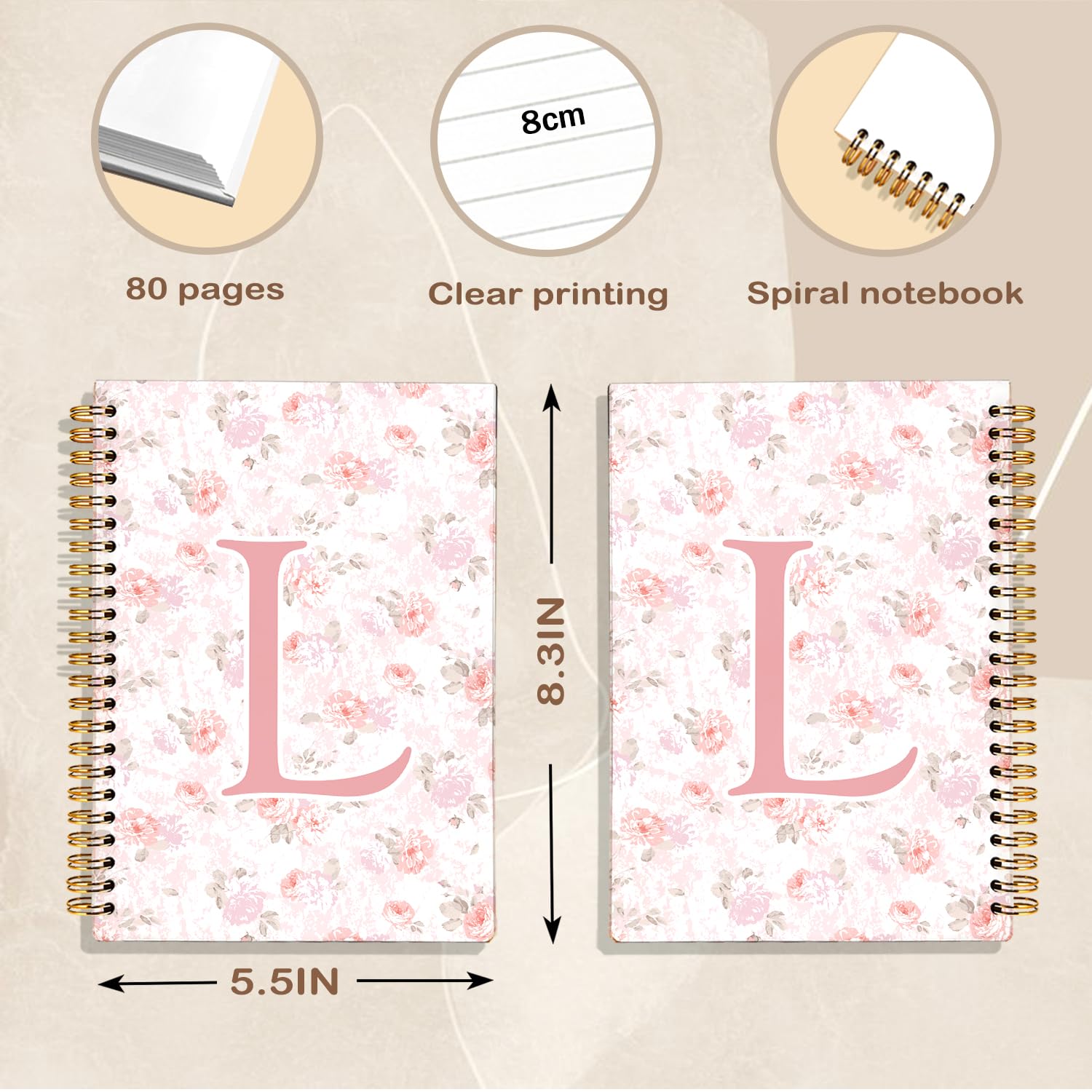 Diario con lettera L con iniziale rosa floreale, regalo personalizzato, regalo personalizzato, regalo personalizzato con monogramma per le donne, grazioso taccuino a spirale con copertina