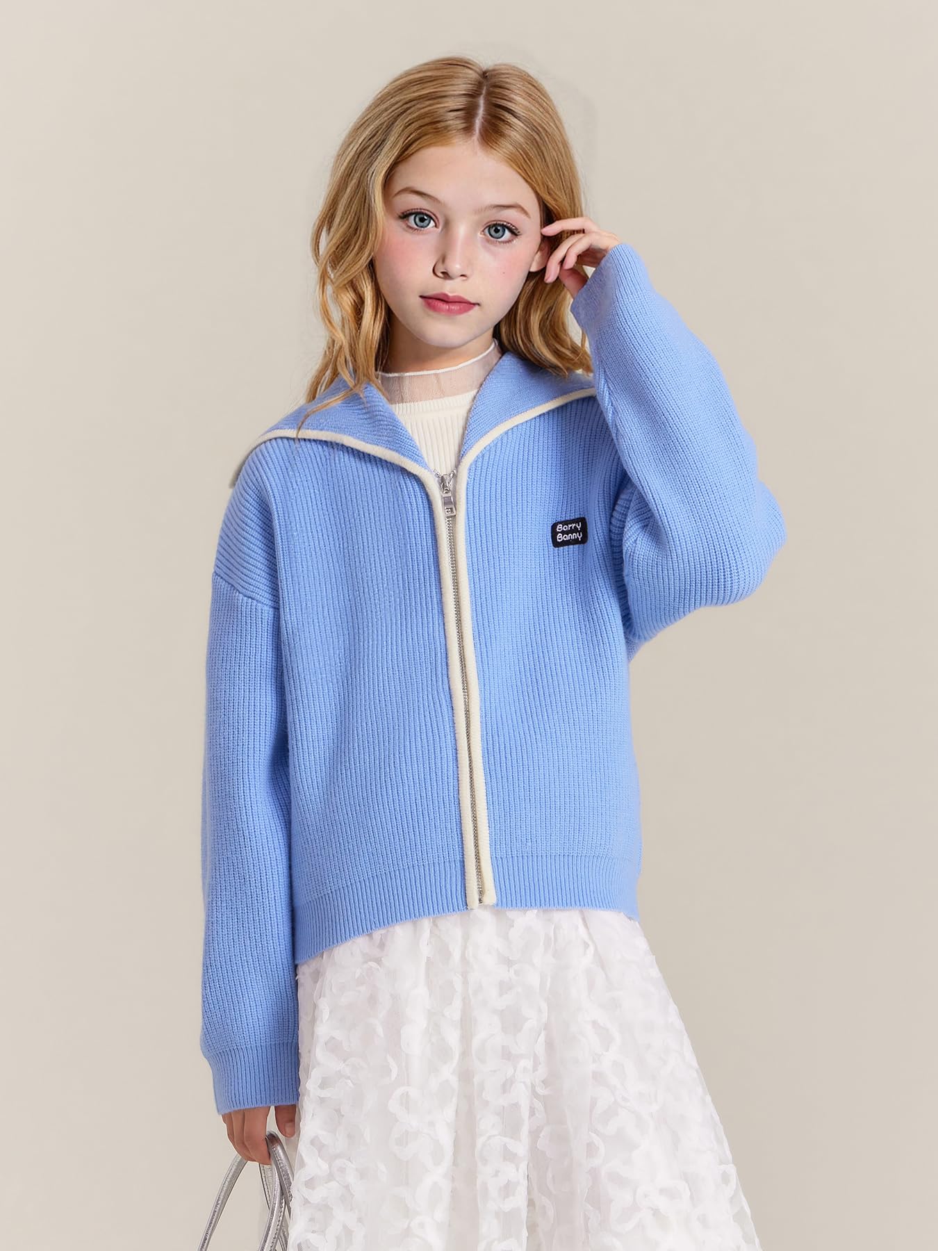 Barry Banny Chaqueta tipo cárdigan para niña de 6 a 16 años, cárdigan con solapa azul cielo, jersey para niños