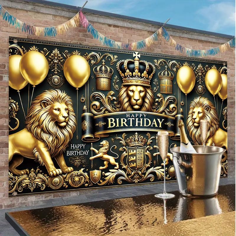 Black and Gold Party Decorations Banner 71x43 Inch, Large Happy Birthday Backdrop, Royal King Theme Photo Booth Background for Adults Men Indoor Outdoor Celebration