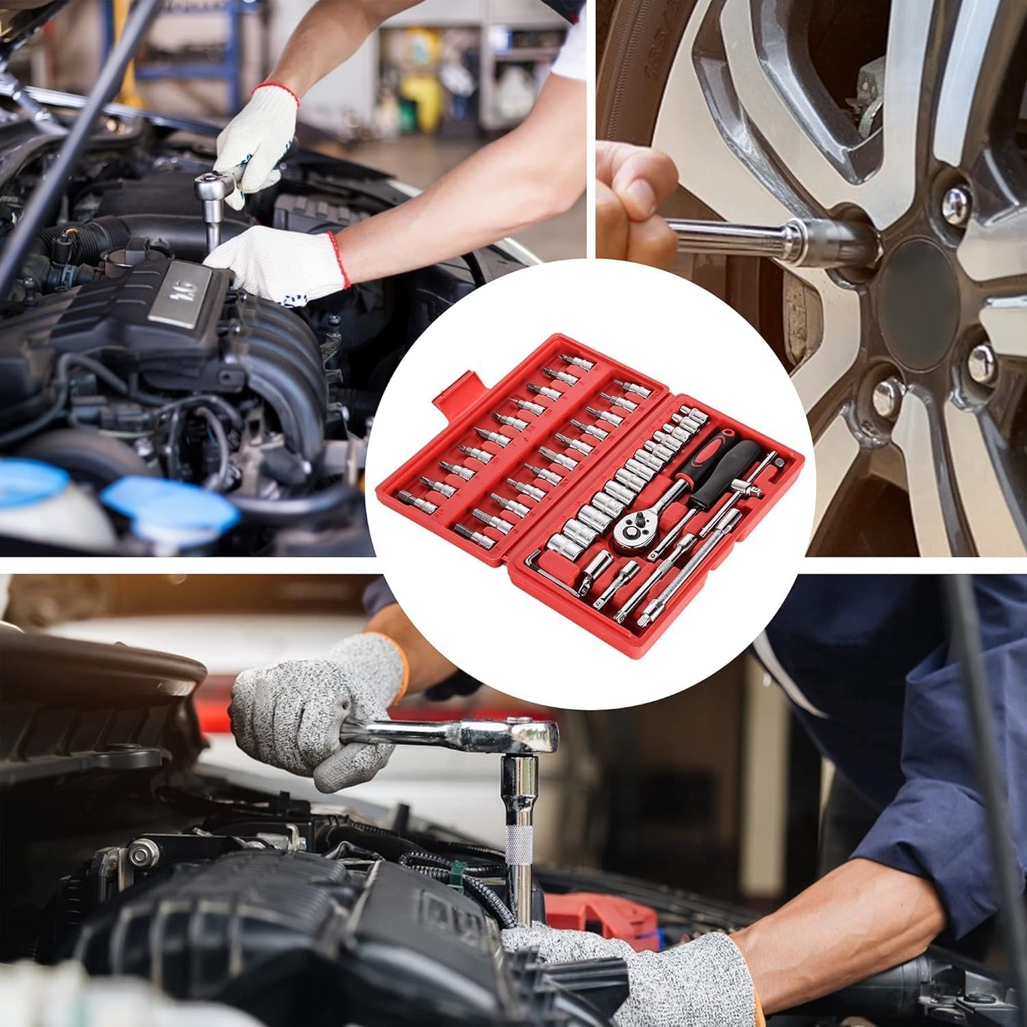 Jinora 46 Pcs 1/4 inch Drive Socket Ratchet Wrench Set with Bit Socket Set Metric and Extension Bar for Auto Repairing and Household