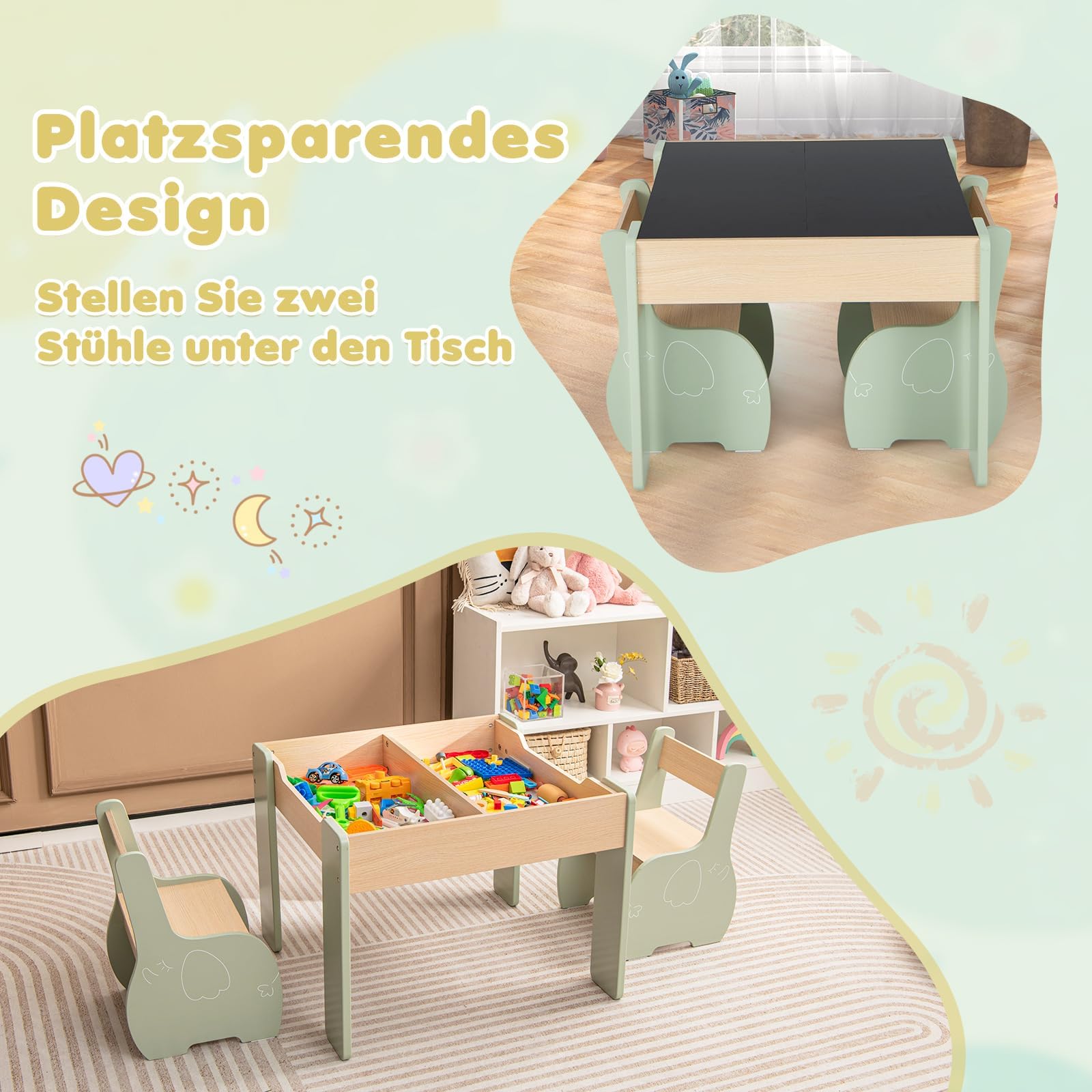 COSTWAY Kindertisch mit 2 Stühlen, 3 teilige Kindersitzgruppe aus Holz mit wendbarer & abnembarer Tischplatte, Kinder Maltisch mit Stauraum, Kindermöbel Sitzgruppe für Kinder ab 3 Jahren (Grün)