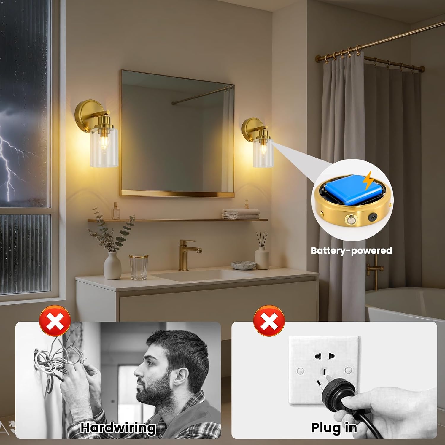 Gold Rechargeable Wall Sconces Set of two, Bathroom Vanity Lights with Transparent Glass Lampshade, Remote and Dimmable Bulb, Modern Luxury Lighting Fixtures for Bedrooms, Hallways, Living Room