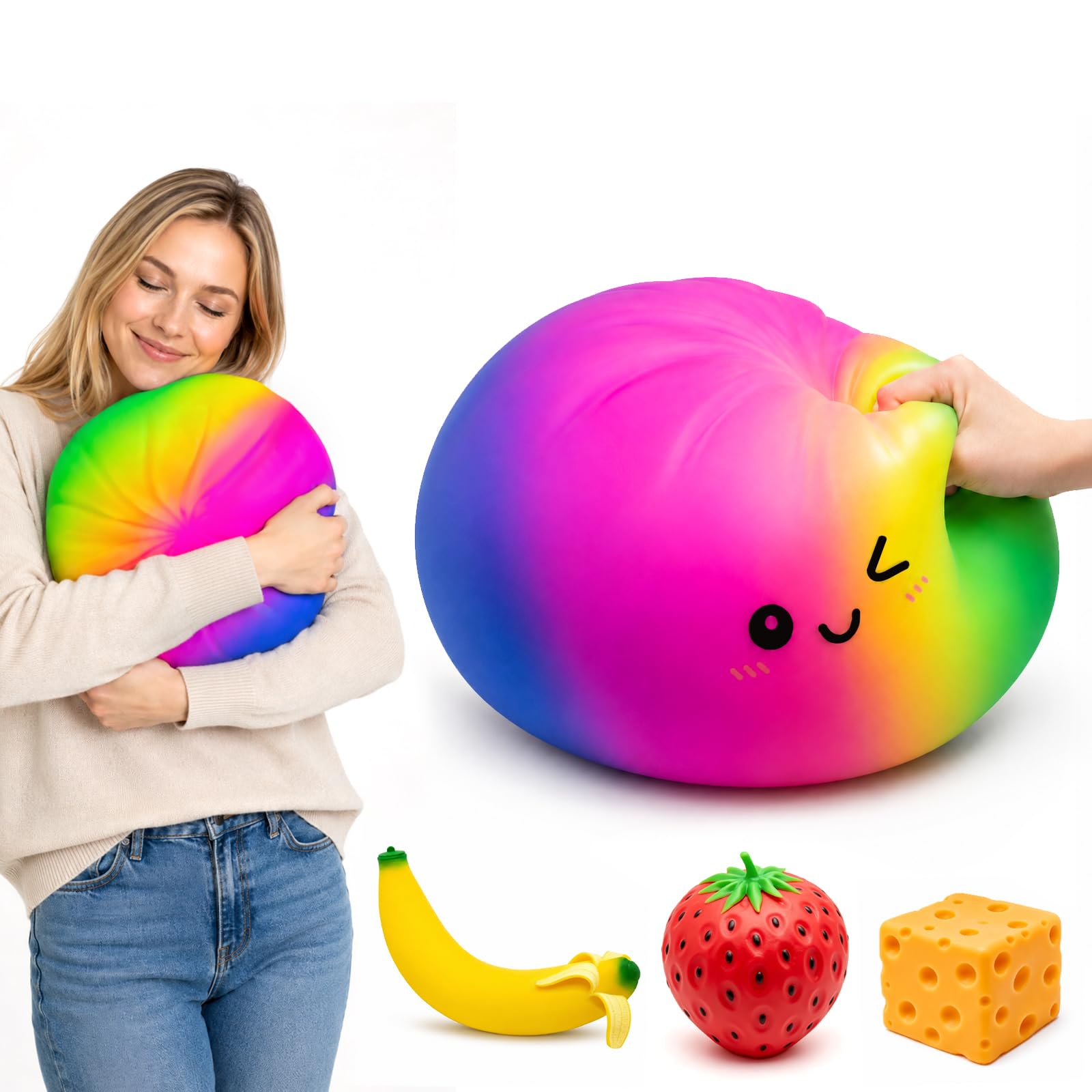 Giant Rainbow Dumpling Squishy 25cm Jumbo, Mystery Squishies Box Gift, Extra Large Cute Bao Bun Fidget Real Office Desk Decor, Soft Squeeze for Anxiety Stress Relief(Rainbow Dumpling 25cm)