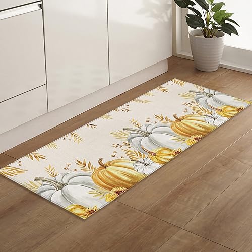 Miniatura 144 de Alfombras y tapetes de cocina Hello Fall, 2 unidades, color azul, naranja, calabaza, hoja de arce, pájaros, alfombras antideslizantes con pasillo