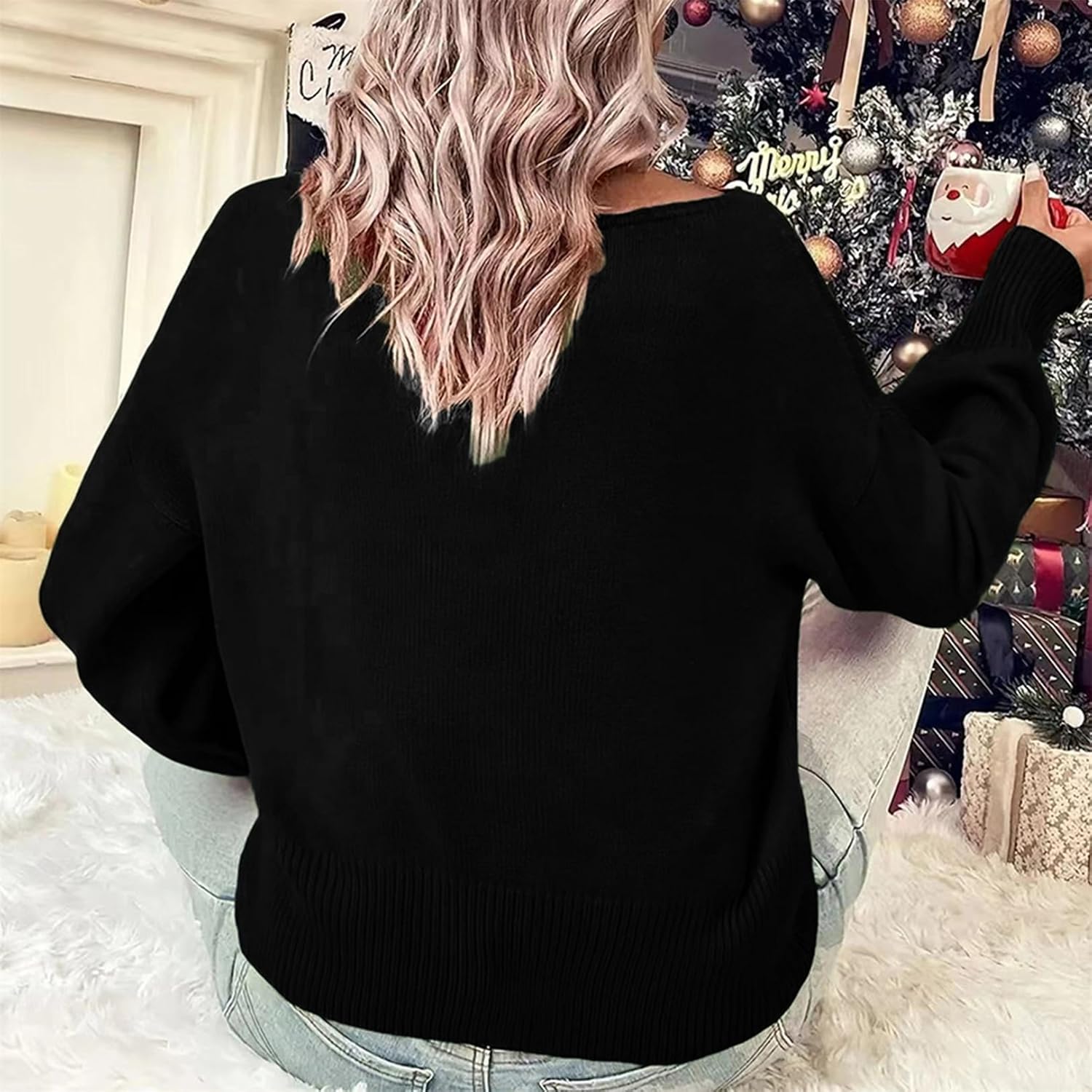 Women Merry Print Christmas Sweater Xmas Classic Letter Graphic Loose Long Sleeve Knitted Pullover Crew Neck Jumper - Image 4