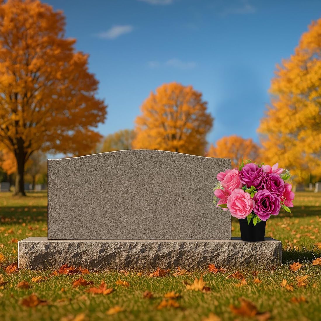 Hollyone 2Pcs Artificial Cemetery Flowers for Grave in Vase Silk Rose Lily Flower Arrangements Cemetery Decorations Memorial Flowers with Pot for Outdoor Headstones Decoration Purple