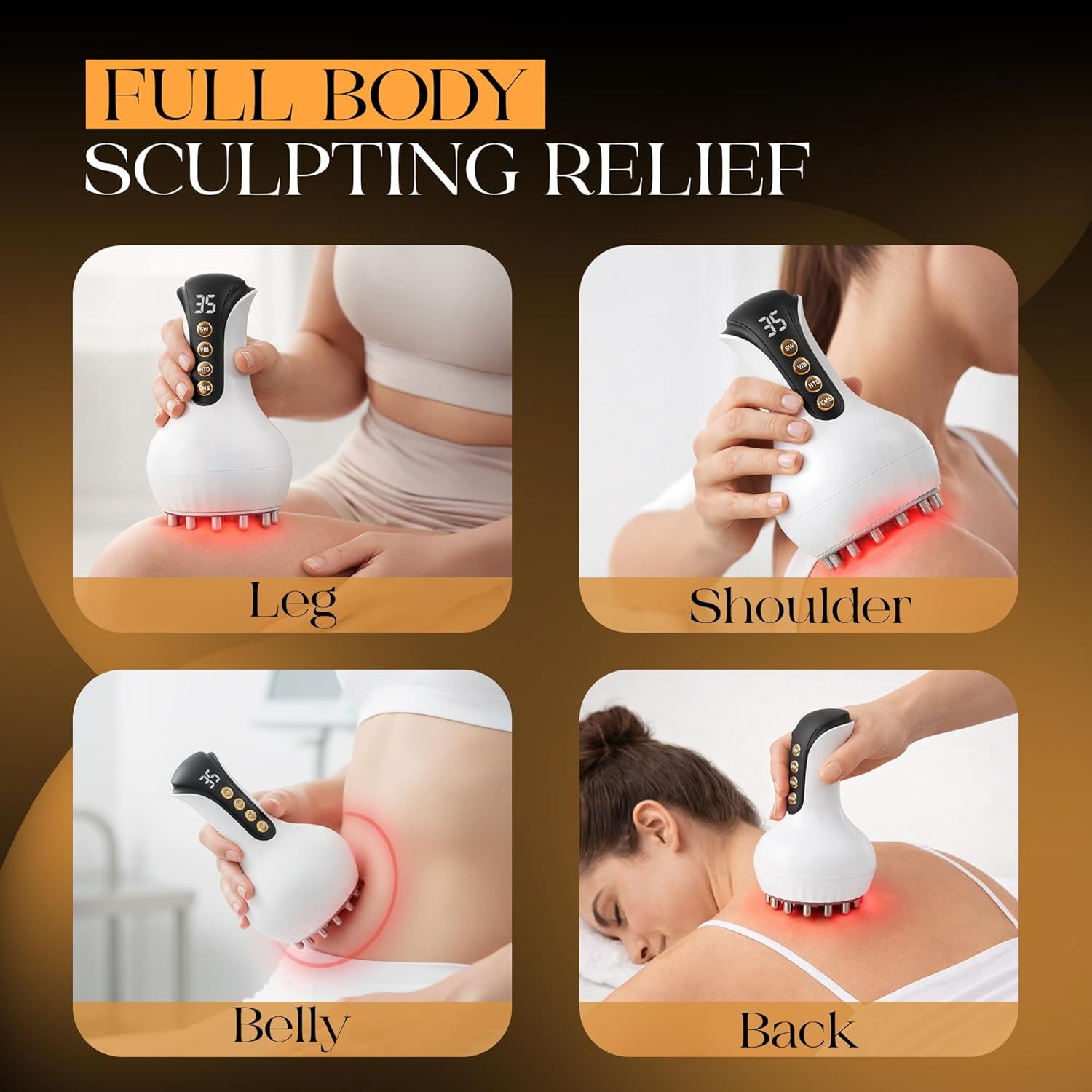 4-in-1 Lymphatic Drainage Massager with Heat, Red Light & Microcurrent – Handheld Anti Cellulite Massage Tool for Body Sculpting & Contouring – Reduces Cellulite, Swelling & Stretch Marks