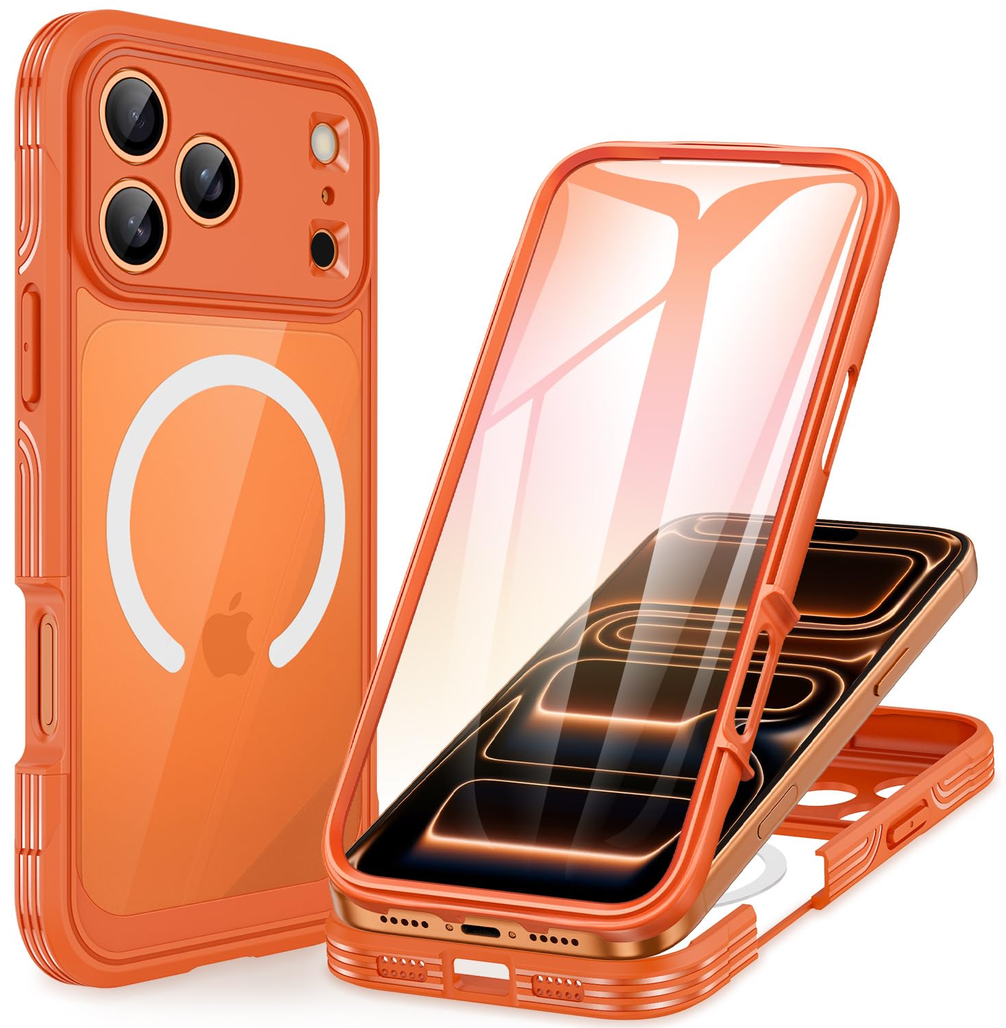 CENHUFO Magnetica Cover iPhone 17 Pro Max, Compatibile con Magsafe Integrata 9H Vetro Temperato Schermo e Protezione Fotocamera, Custodia Antiurto 360 Gradi Fronte Retro Doppia Faccia Case -Arancione