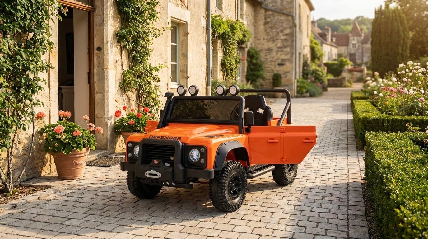Elektryczny samochód dla dzieci Land Rover Defender 110 SVX 12V, pomarańczowy, skrzynia biegów 4X4, reflektory LED, zawieszenie przednie i tylne, pilot 2,4 GHz, wejście USB/Aux, Bluetooth, bateria
