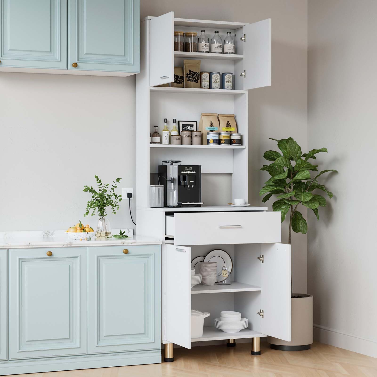 Warmiehomy Kitchen Cupboard Storage Cabinet with Doors, 60x40x180cm,White