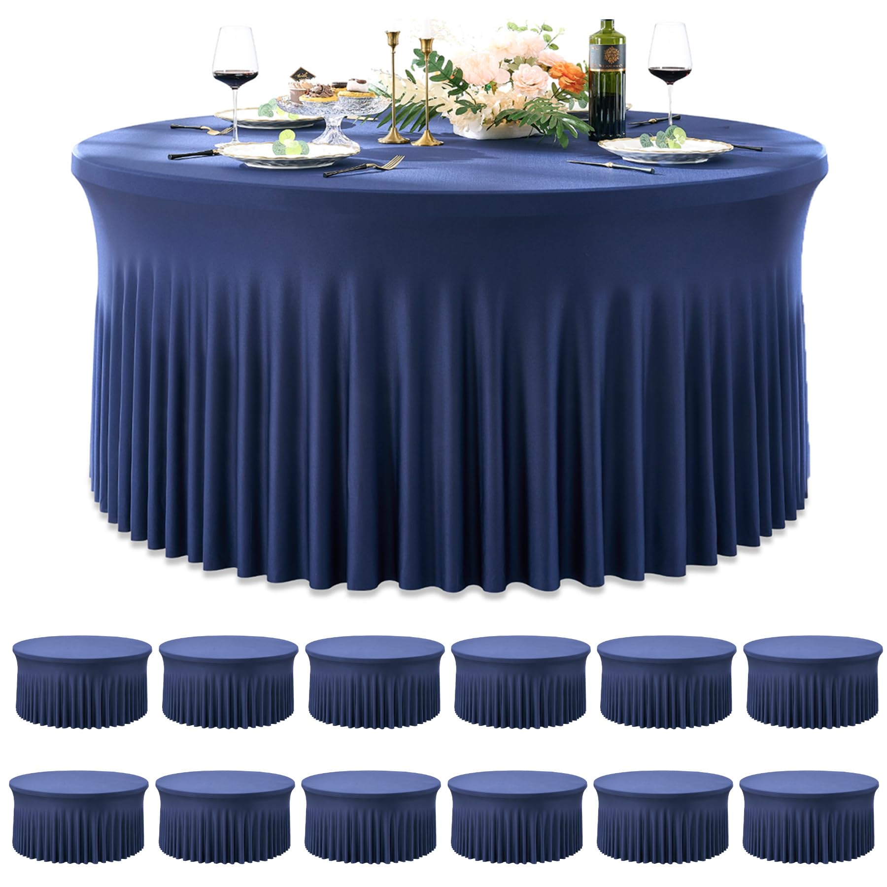 Nappe ronde élasthanne anti-pli bleu marine lot de 12 pour table de banquet