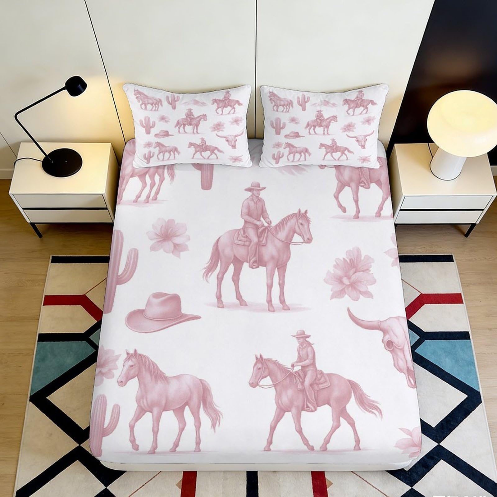 3D Printed Western Cowboy Fitted Sheet Microfiber Rustic Horse Cactus Bed Cover for Bedroom Guest Room Decor 90x200x25cm