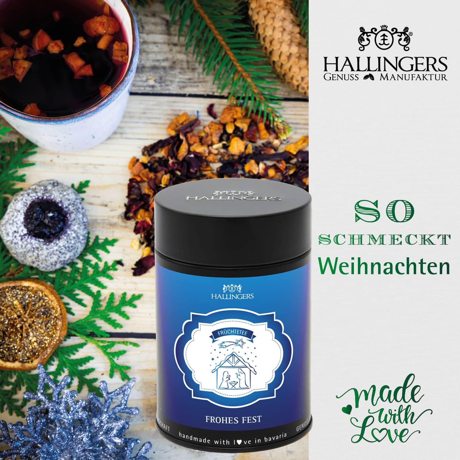 Hallingers Genuss Manufaktur Feinkost Weihnachts-Geschenk-Set - XXL-Geschenkkorb "Merry Christmas" große Selektion Pralinen, Lebkuchen, Gewürz, Nougat, Badezusatz & mehr, Weihnachten für Frauen Männer