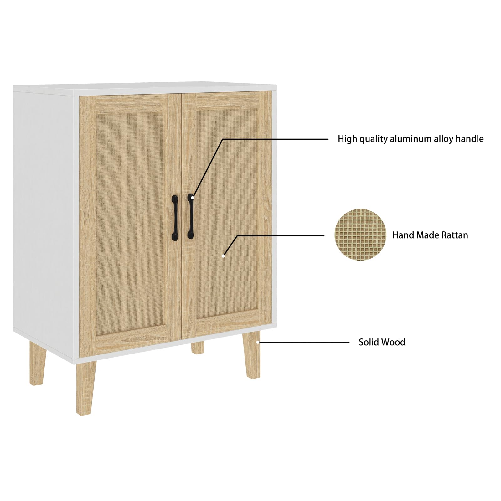 Panana Aufbewahrungsschrank, Rattan Sideboard Schrank mit 2 Rattan-Türen, Küche Akzentschrank mit Massivholzfüßen, Buffetschrank für Esszimmer, Flur, Eingang, Wohnzimmer (Weiß)