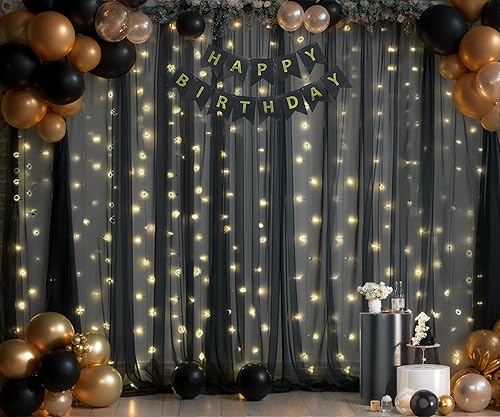Miniatura 2 de Cortinas de fondo traslúcidas negras con tira de luces para fiesta de cumpleaños, 10 x 8 pies, cortina de telón de fondo de tul negro para baby