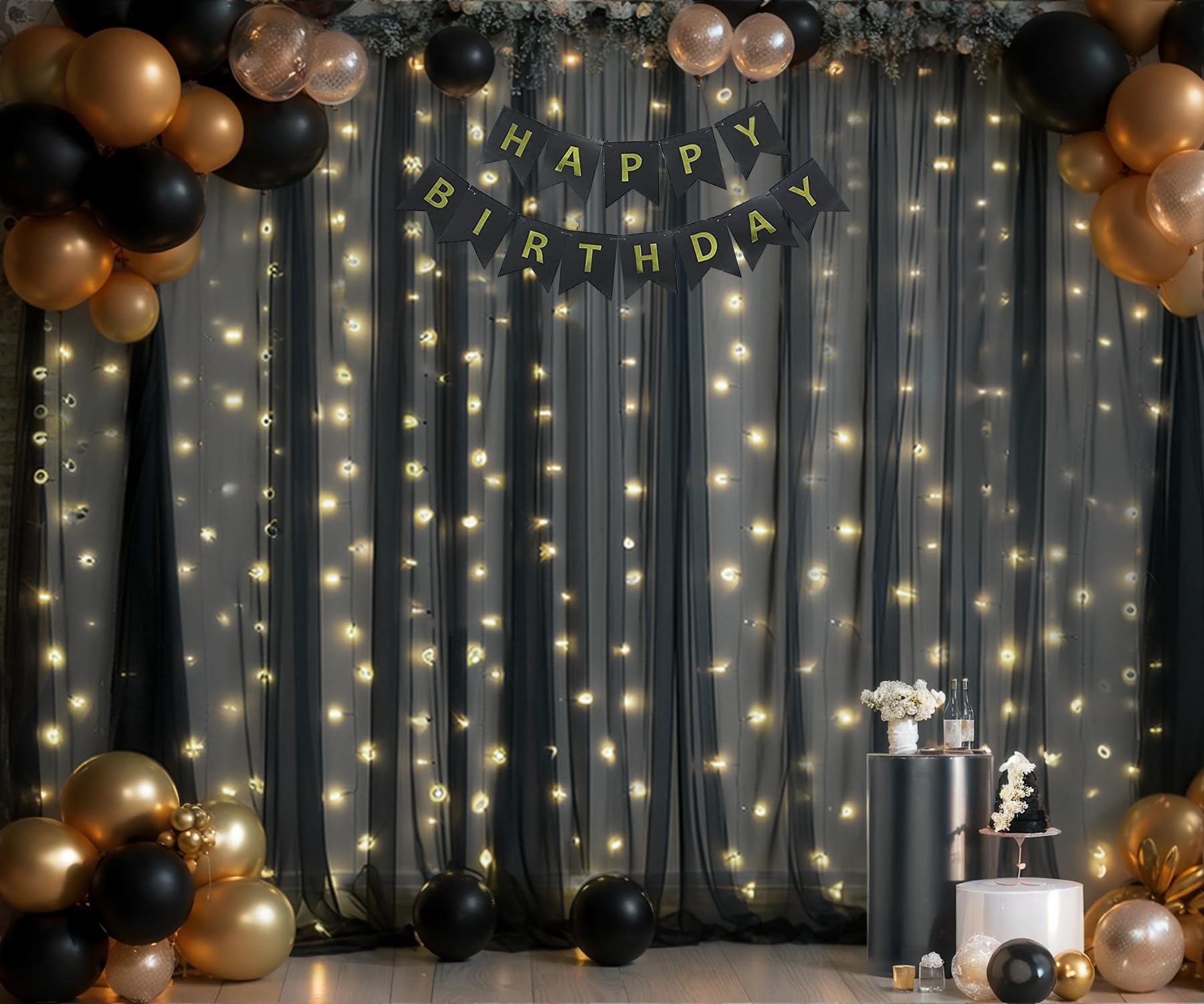 Czarne tiulowe tło fotograficzne ze sznurkiem świetlnym na imprezy, przezroczysta czarna zasłona na przyjęcie urodzinowe, baby shower, ślub, fotobudka, dekoracje tła fotograficznego, 6 m x 3 m