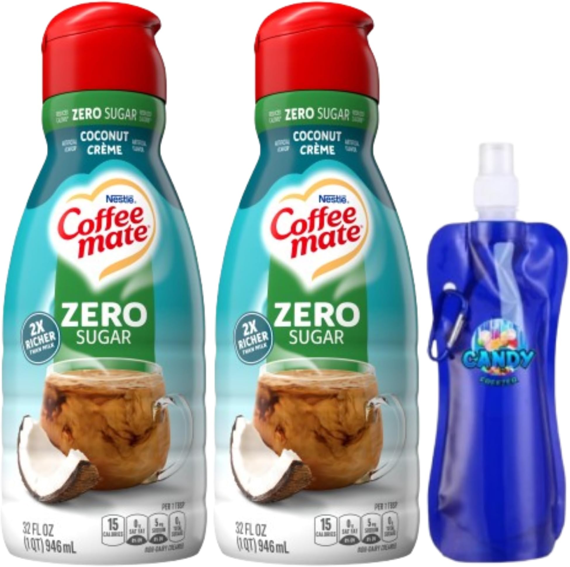 Coffee-Mate Liquid Coffee Creamer – Two (2) 32 fl oz Bottles with Candy Freezer Collapsible Water Bottle (Zero Sugar Coconut Crème) - Bottle