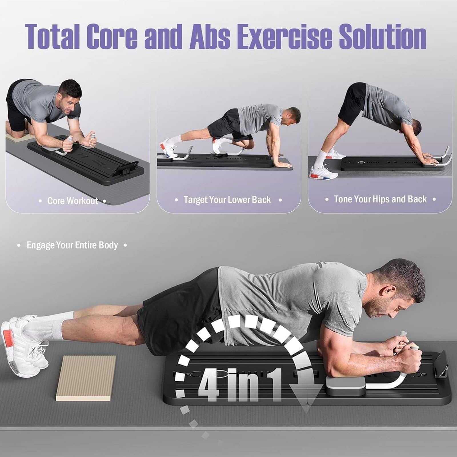 Pilates Reformer Board, macchina portatile pieghevole per esercizi addominali con timer intelligente, supporto per gomiti, fasce di resistenza e rullo per addominali per allenamenti a casa