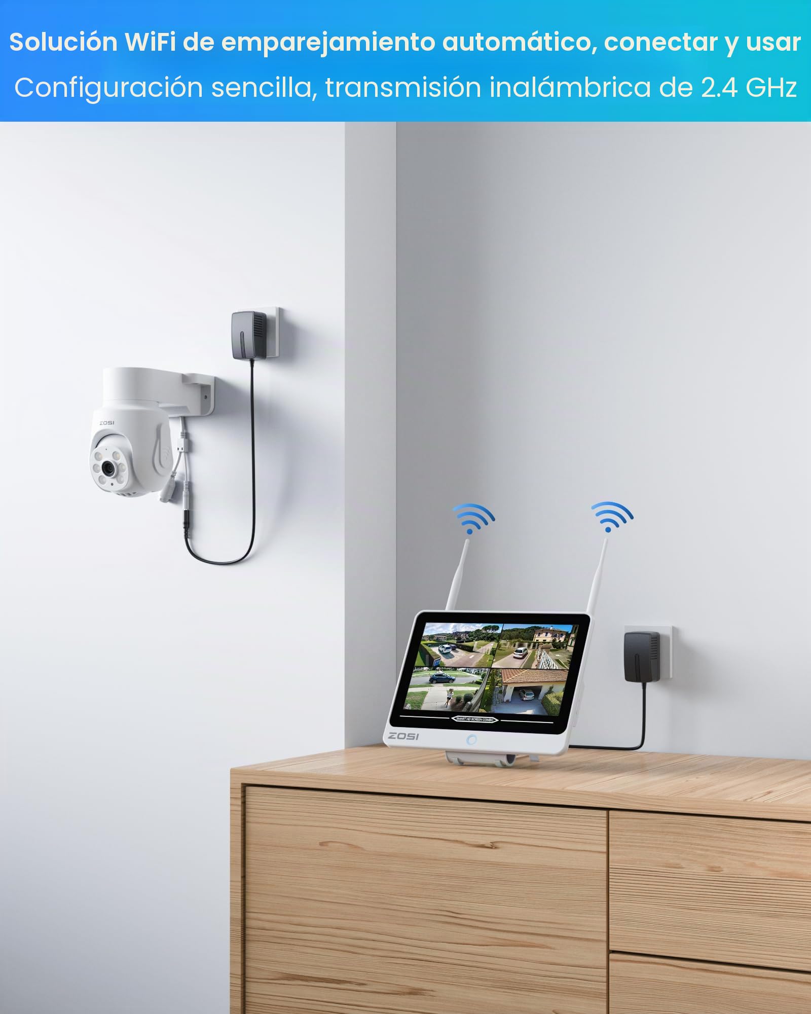 ZOSI 5MP Kit Cámaras de Vigilancia WiFi6 con 12” Monitor, 8CH 4K NVR y 1TB HDD con 4X Cámara IP Exterior Pan y Tilt de 360°, Detección y Seguimiento de Personas, Audio Bidireccional