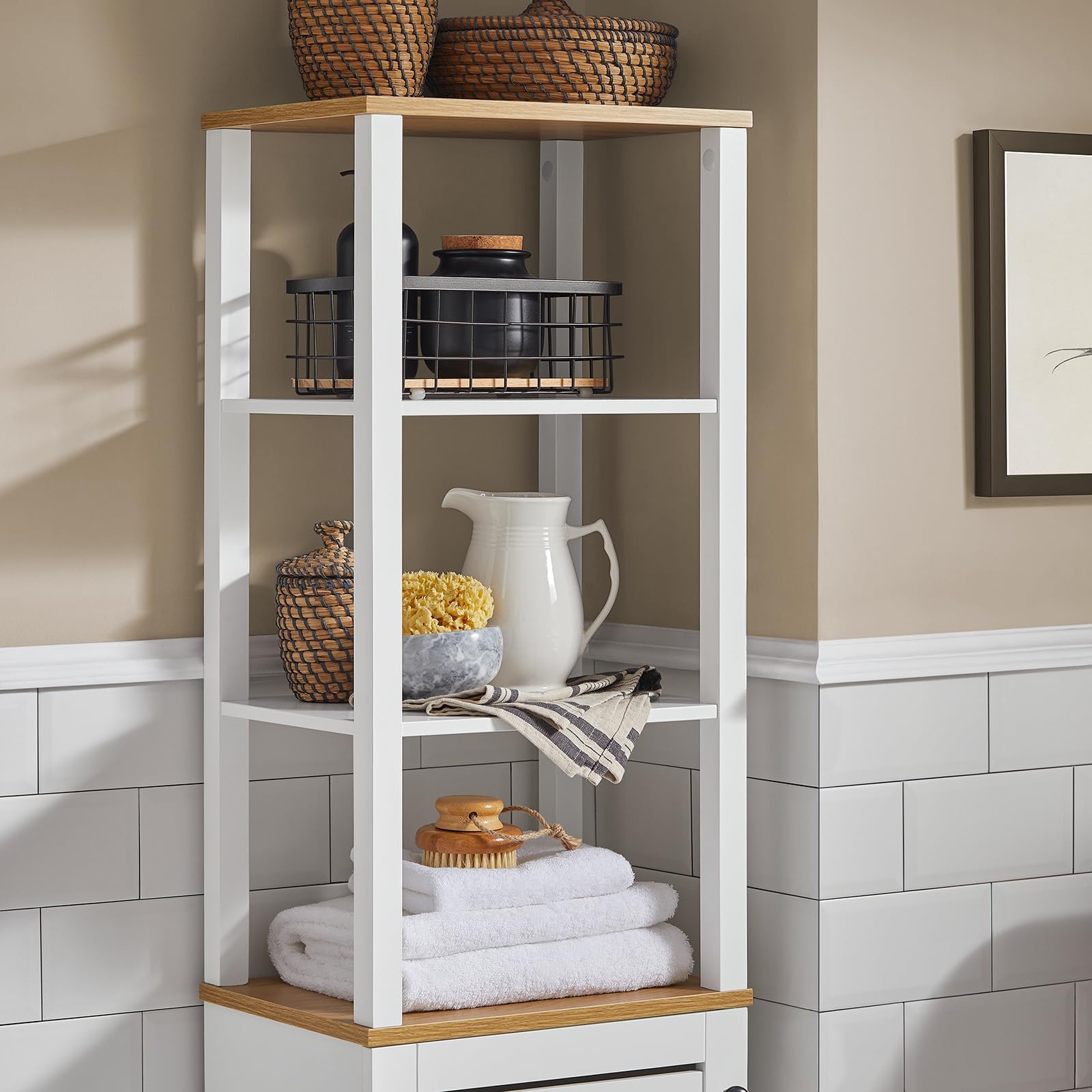 SoBuy Mobile Bagno Alto e Stretto Salvaspazio con Ripiani Aperti e Anta a Doghe – Colonna Bagno da Terra in MDF, Armadietto Moderno per WC o Lavanderia – Bianco/Naturale, 160x40x30 cm, BZR43-W