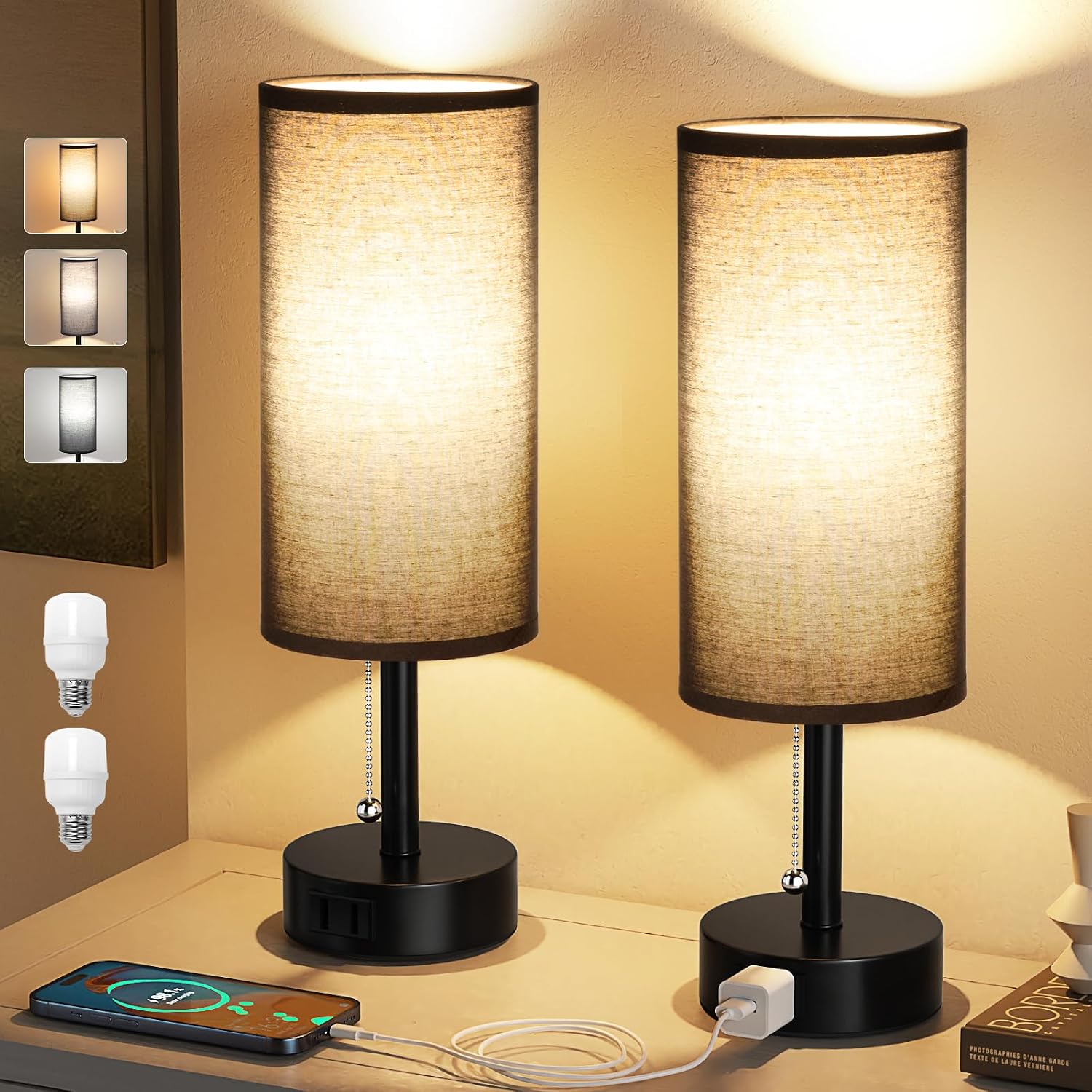 17.4" Gold Bedside Table Lamps Set of 2 - Bedroom Lamp, USB C+A, AC Outlet thumbnail