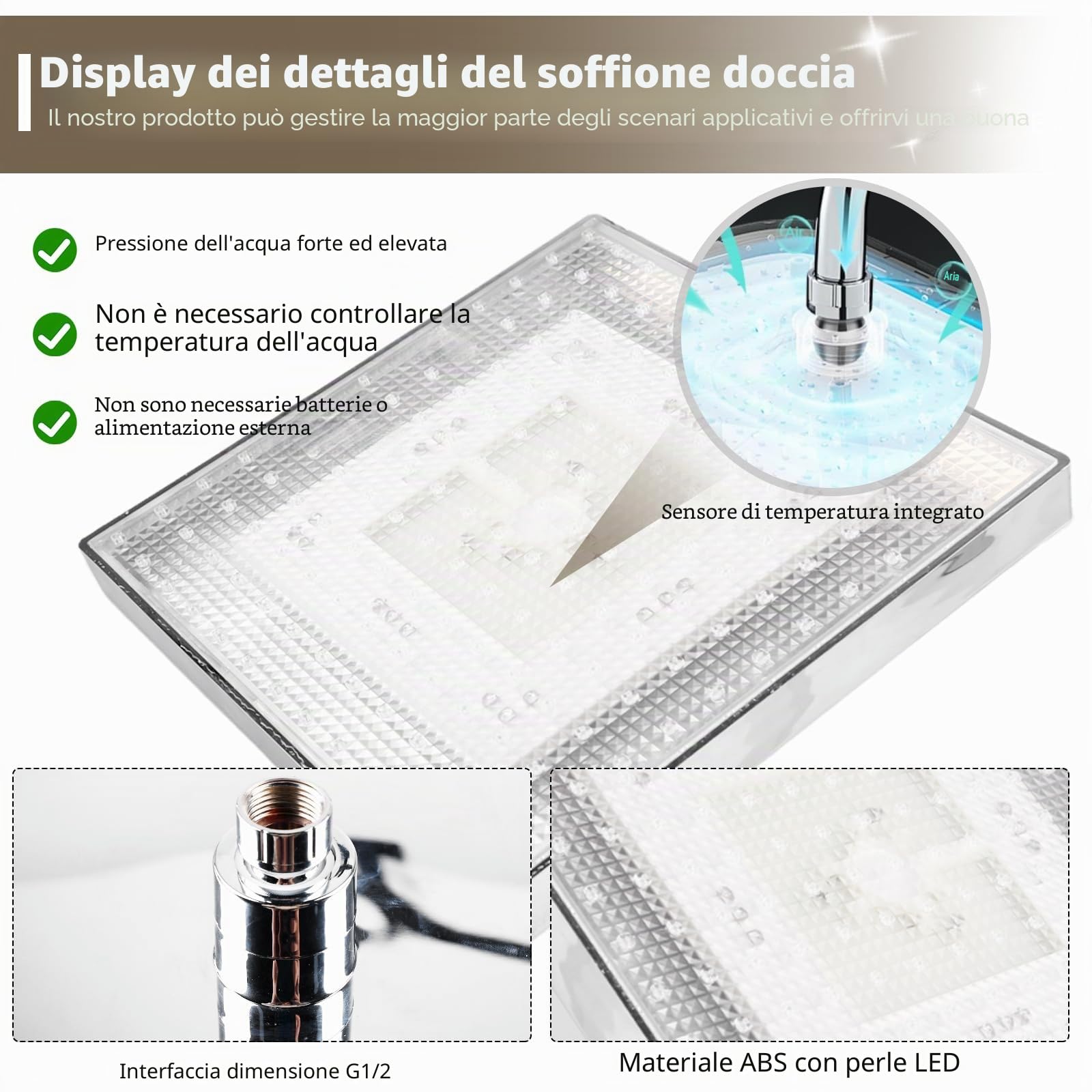 Soffione doccia a pioggia LED da 8 pollici (20 cm), soffione doccia a pioggia con controllo della temperatura a 3 colori, soffione doccia quadrato ad alto flusso per bagno di casa
