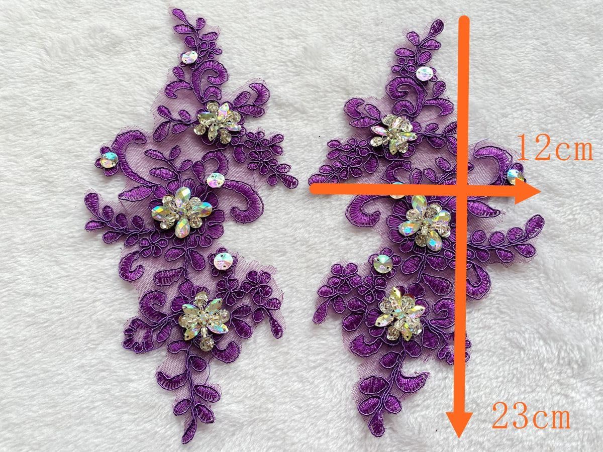 Handmade Rhinestones on Lace Applique Trim Sewing Beads Sequins Trim Patches for Wedding Dress Accessories 1Pair/Bag (Dark Purple)