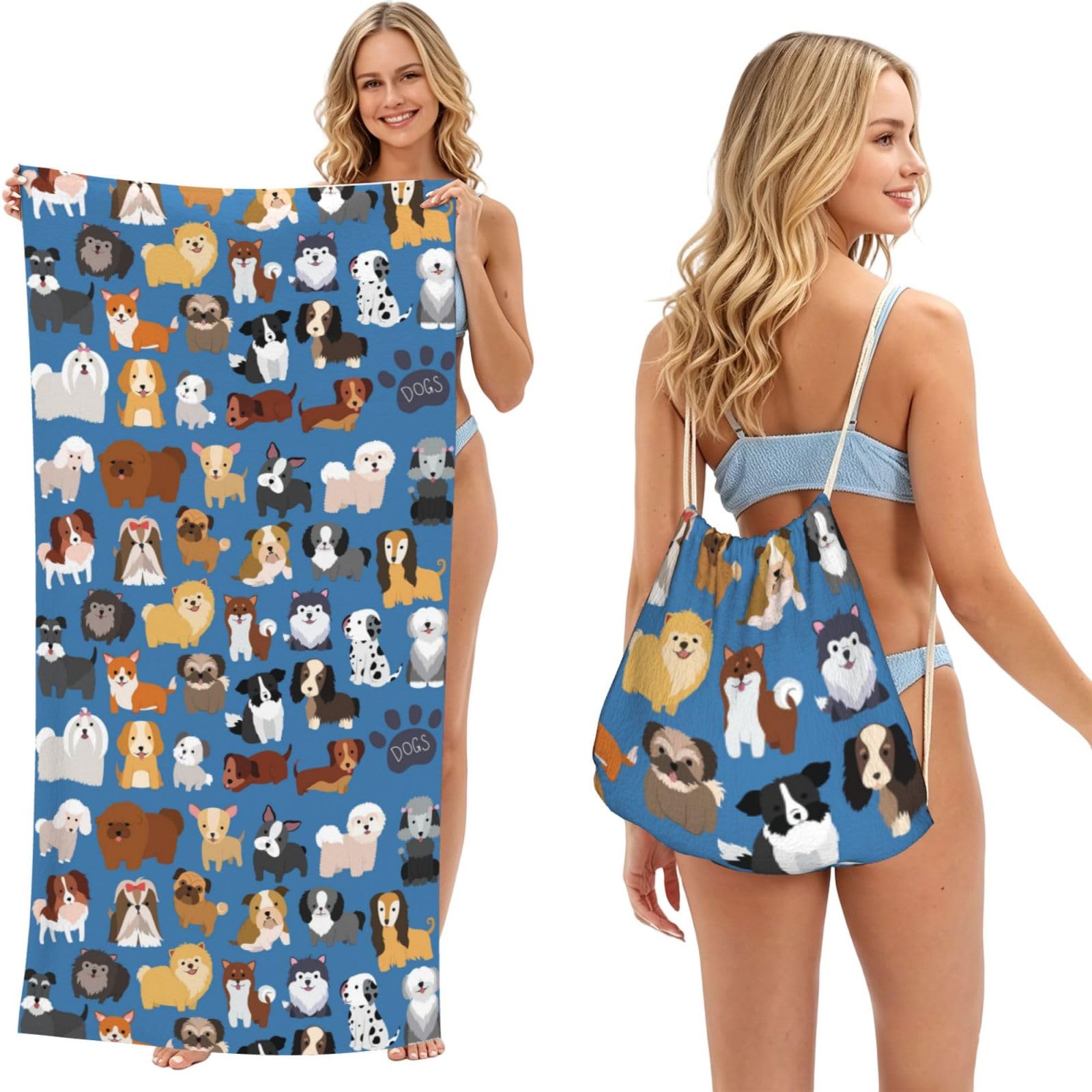 Poadnly As Picture Cute Puppies Dogs, 2 In 1 Packable Towel Bag, Beach Towels With Drawstring Backpack For Travel Holiday Camping