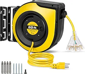 SURAIELEC 12 Gauge Extension Cord Reel, 60 FT Retractable Extension Cord, 12 AWG/3C SJTOW Heavy Duty Power Cord, 15 AMP Circuit Breaker, Lighted Triple Tap, Ceiling or Wall Mount, UL Listed