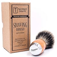 Vista 2 de Taconic Shave Cepillo de afeitar de lujo 100% de tejón puro de 3 bandas con madera de haya de lujo y mango cromado, soporte de afeitado incluido