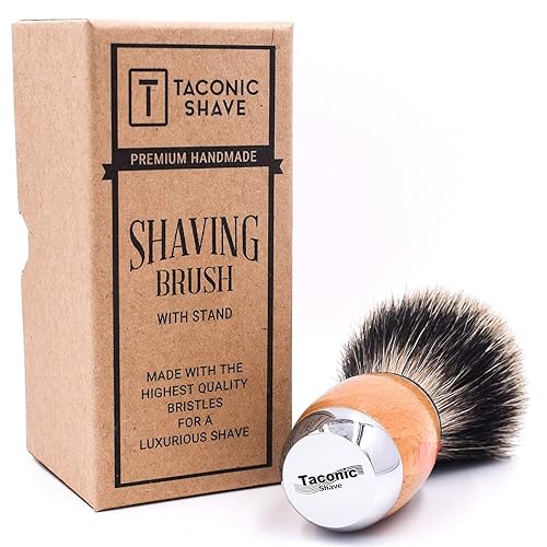 Miniatura 2 de Taconic Shave Cepillo de afeitar de lujo 100% de tejón puro de 3 bandas con madera de haya de lujo y mango cromado, soporte de afeitado incluido,