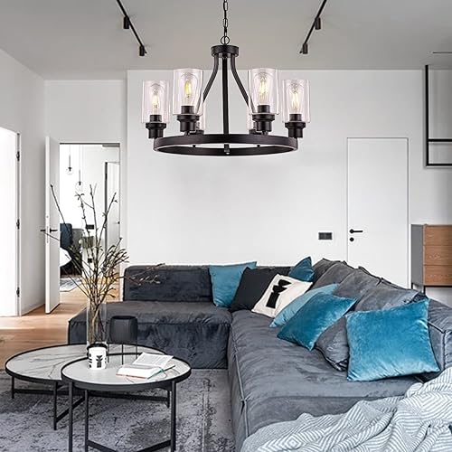 Miniatura 5 de Lámpara de araña para comedor, estilo granja, color negro, 6 luces, isla de cocina, iluminación de techo con pantalla de vidrio para sala de estar,