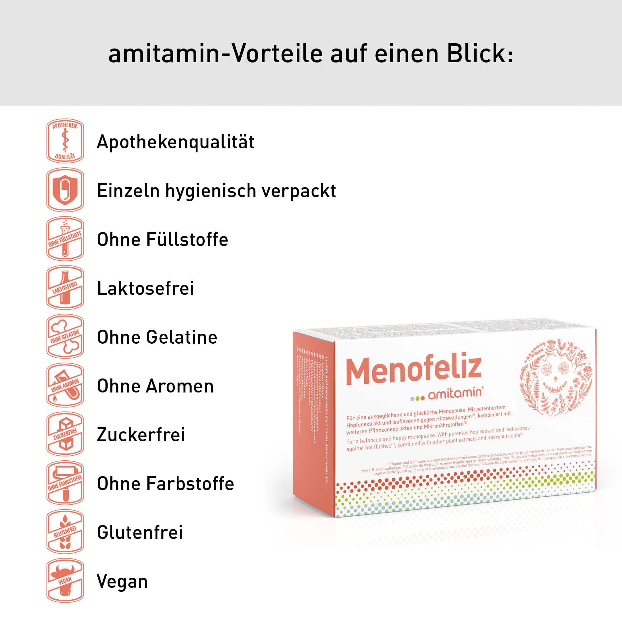 amitamin® Menofeliz – 60 Wechseljahre Kapseln – mit patentiertem Lifenol® Hopfenextrakt, Rotklee, Mönchspfeffer, Yamswurzel, Isoflavonen, B-Vitaminen, Magnesium, Kalzium – Vegan – Made in Germany