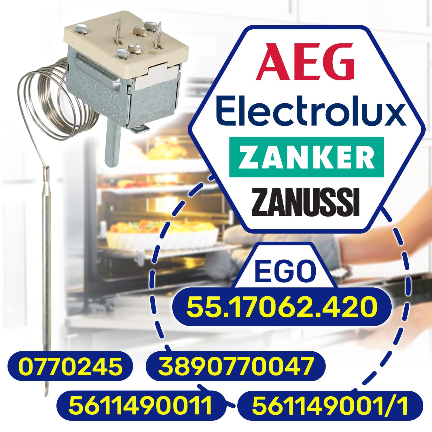 Thermostat für Backofen 304°C mit dem Originalcode 5611490011 561149001/1 3890770047 3890770245 für AEG für Electrolux für Zanussi 55.17062.420 für Ego - Garantie 10 Jahre - MONTERAL