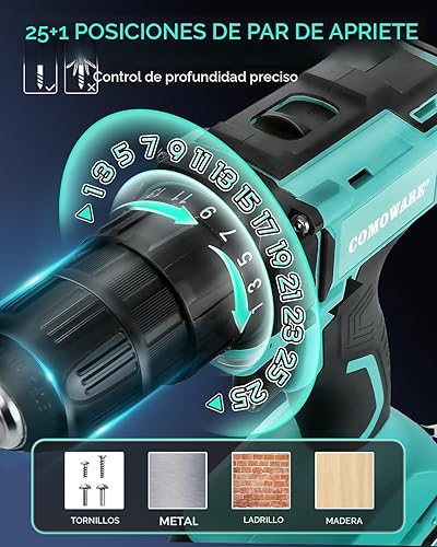 Miniatura 4 de COMOWARE Taladro inalámbrico de 20 V, juego de taladro eléctrico con 1 batería y cargador, portabrocas sin llave de 3/8 pulgadas, 2 velocidades