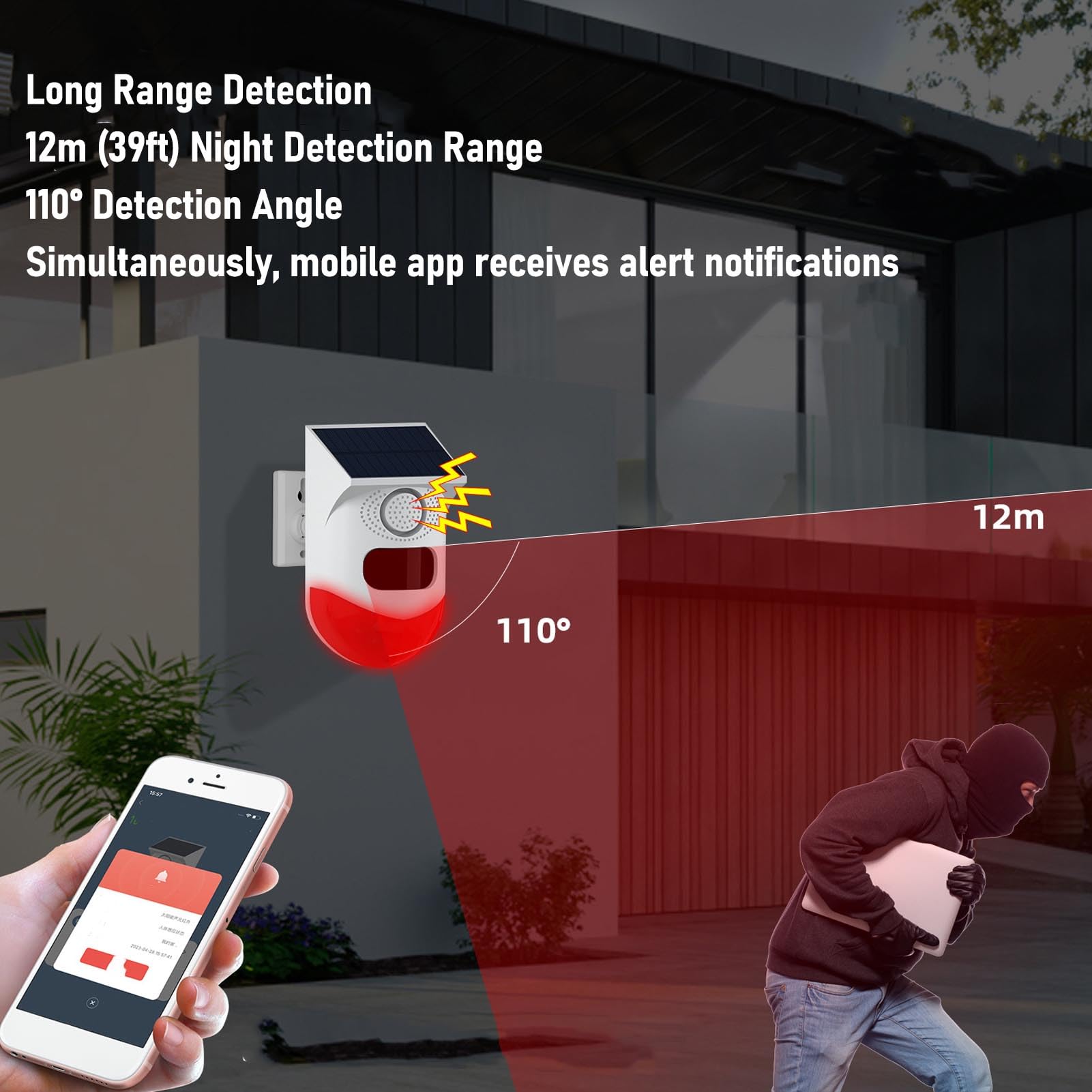 Jectse Sirena con Sensor de Movimiento Solar, Detección de 110°, Alarma de 120 DB, Luz de Seguridad Exterior a Prueba de Agua IP67 con Control Remoto para , Alarma de Detección de