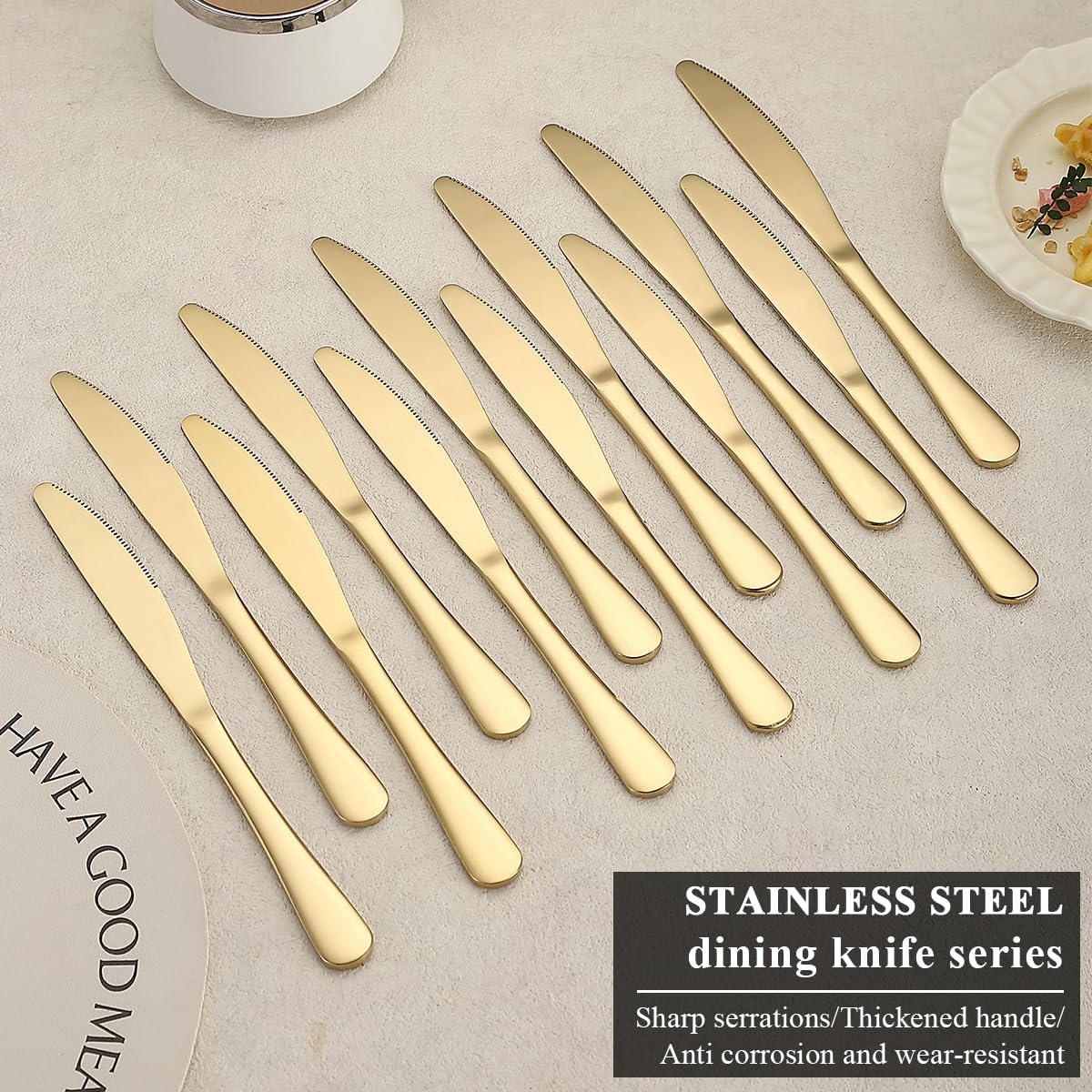Gold Dinner Knives Set of 12 Pieces, Stainless Steel Titanium Gold Plating Butter Knife, Table Knives for Home, Restaurant, Hotel, Wedding, Events