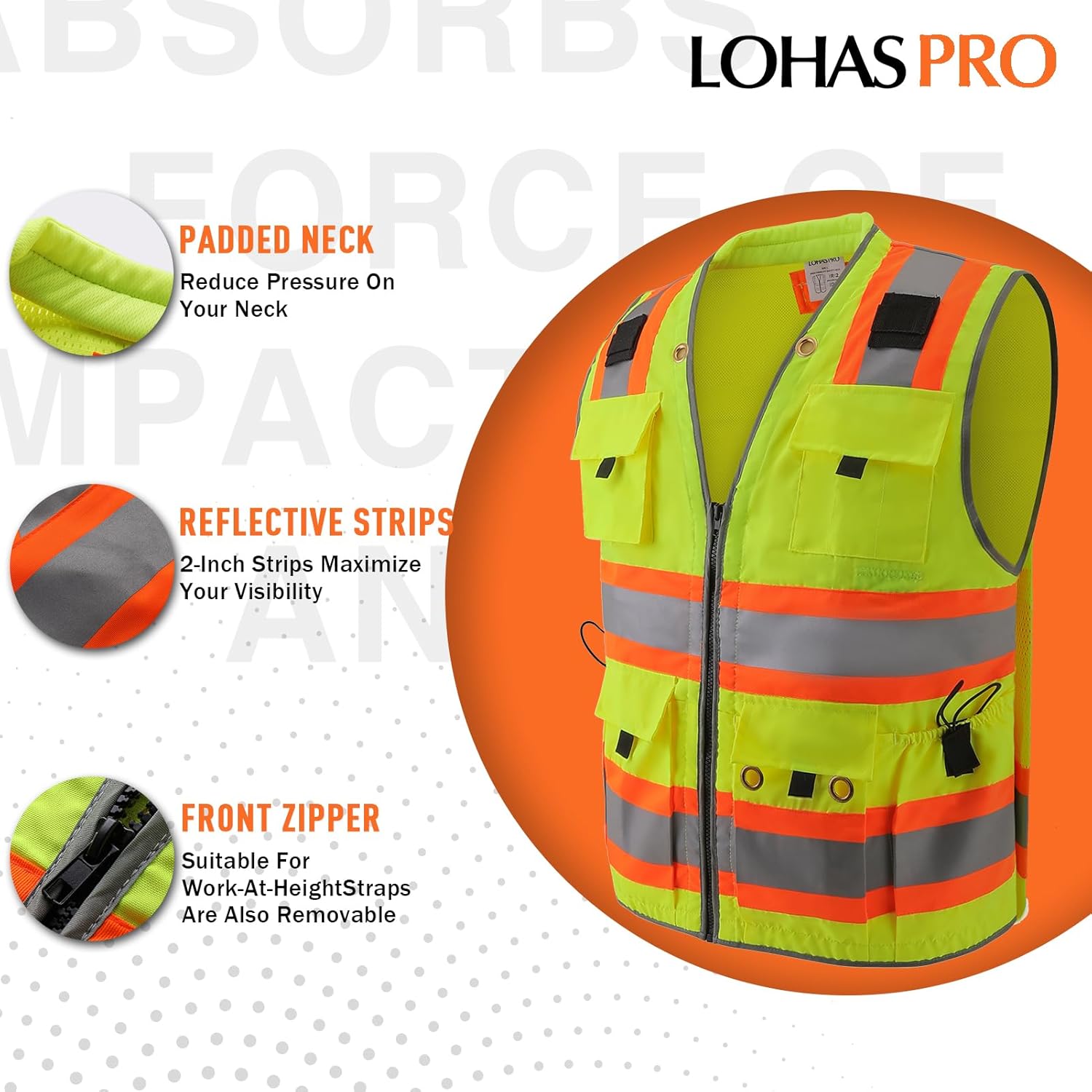 LOHASPRO Surveyor Safety Vest Reflective for Men High Visibility Class 2 Heavy Duty Safety Vests with Pockets and Zipper - Image 2