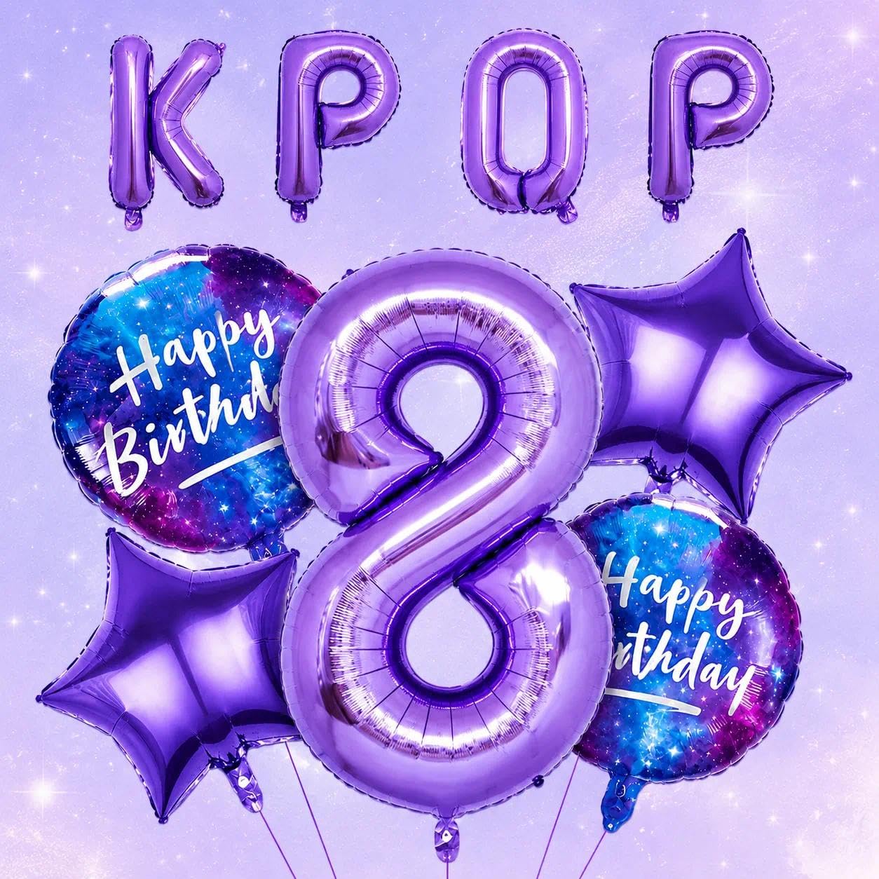 Kpop 8th Birthday Decorations for Girls Boys, 9Pcs Purple Foil Balloons Kit Includes 8 Balloon, Letter Balloons, Star Balloons & Ball Balloons for 8 Year Old Birthday Party Decor