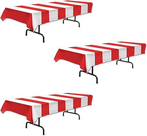 Beistle Manteles de mesa de rayas rojas y blancas, 54 x 108 pulgadas, 3 piezas, mantel de plástico, decoraciones de fiesta temática de carnaval,