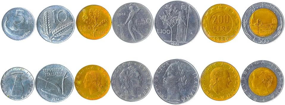italy 7 coin set italian coin collection 5 10 20 50 100 200 500 lire 1951 - 2001 dolphin piazza del quirinale long spear minerva gear plough cornucopia vulcan scales anvil